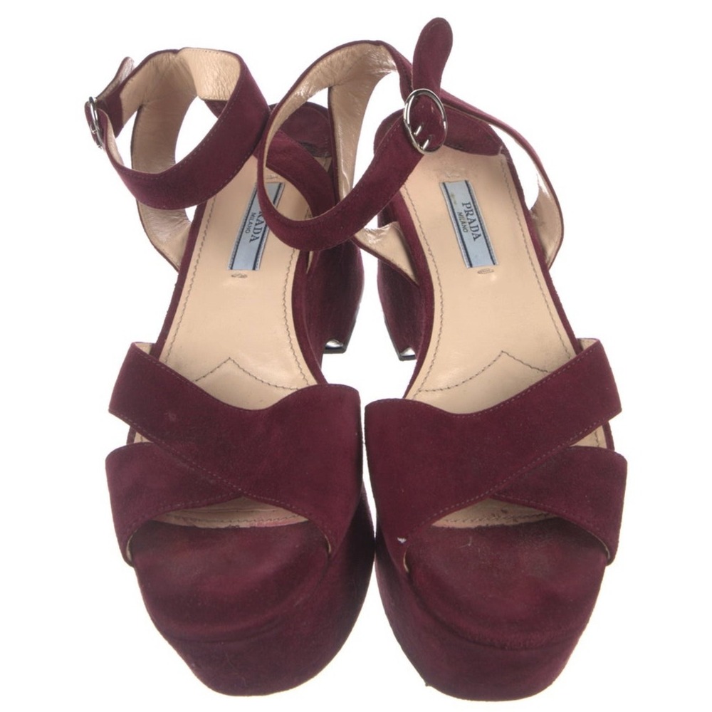 Prada Milano Burgundy Suede Platform Sandals Ankle Strap Block Heel Womens